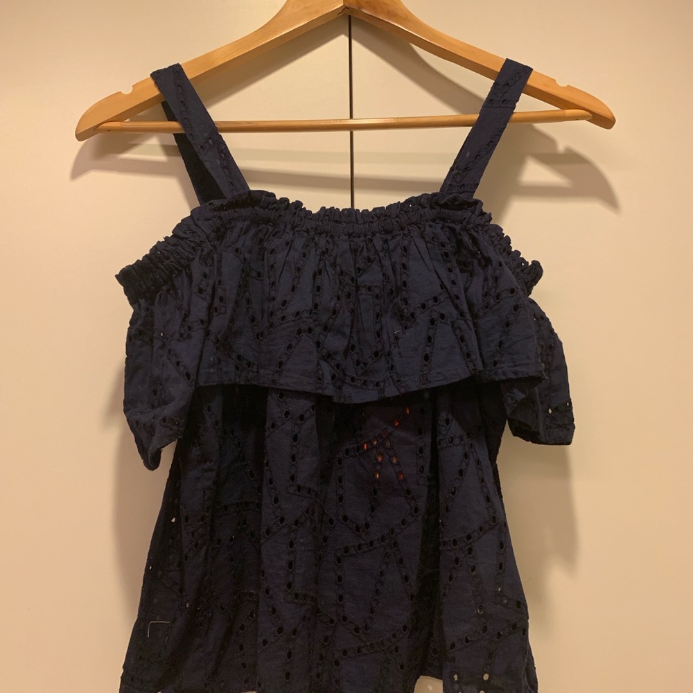 Navy Blue Eyelet Off-shoulder Top